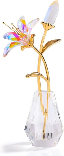 Vista 9 de Ornalrist Flores de lirio de tigre de cristal con jarrón, tallo de metal, flor de lirio azul, regalos coleccionables para mujeres, figuras florales