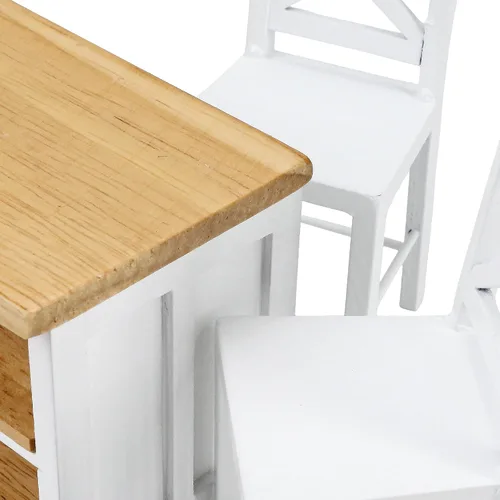 Vista 7 de Juego de sillas de mesa de comedor con islas de cocina de casa de muñecas 1/12 – Cocina en miniatura con taburetes, muebles de madera modernos