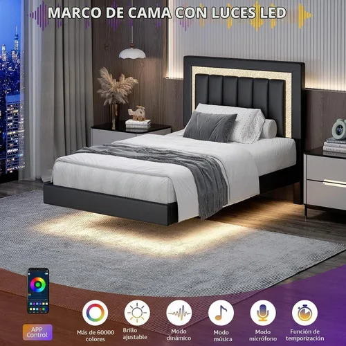Vista 3 de HOMBCK Base de cama flotante individual con luces LED inteligentes, cama de plataforma tapizada de piel sintética con cabecera de diamante, no Negro
