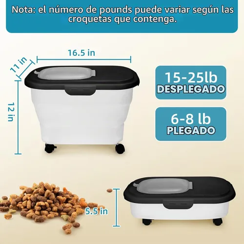 Vista 3 de Contenedor de comida para perros, contenedor plegable de almacenamiento de alimentos para mascotas de 17 a 20 libras con ruedas giratorias y tapa
