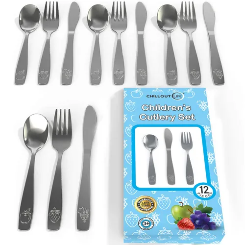 Vista 10 de 12 Piezas de Juego de Cubiertos para Niños de Acero Inoxidable - Cubiertos Seguros para Niños y Bebés - Juego de Utensilios para Niños - Juego