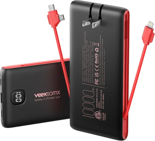 Vista 10 de VEEKTOMX Cargador portátil con cables incorporados y enchufe de pared de CA Negro rojo