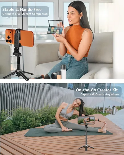 Vista 9 de Trípode de bolsillo para teléfono, trípode portátil 3 en 1 para selfie stick con control remoto, rotación de 360°, soporte de trípode para teléfono