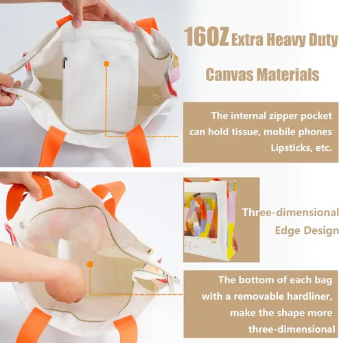 Vista 5 de Bolsa de lona para mujer con cremallera, bolsa de lona duradera y portátil reutilizable, bolsa de mano estética