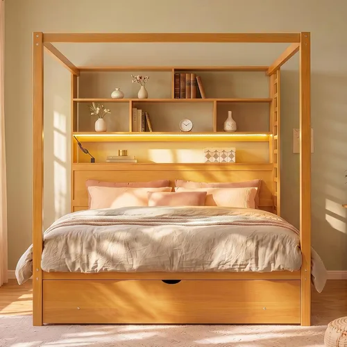 Vista 15 de Cama de plataforma con dosel de 4 pósteres de tamaño matrimonial con cabecero de listones verticales Negro-8.1