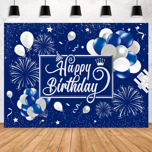 Vista 5 de Telón de fondo de cumpleaños azul y plateado con purpurina para fuegos artificiales, fondo de fotos para niños, hombres y mujeres, patio grande