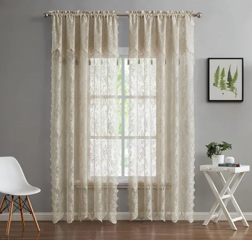 Vista 5 de LinenZone Cenefa de encaje transparente con 6 borlas y parte inferior festoneada para cocina, baño, comedor, sala de estar, dormitorio o sótano.