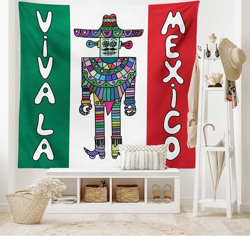 Vista 2 de Lunarable Tapiz mexicano, robot mexicano con sombrero y poncho sobre bandera mexicana, impresión de fondo de color, decoración colgante de pared