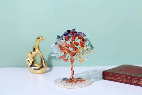 Vista 2 de Jovivi Árbol de cristales curativos naturales de 7 chakras en base de ágata, piedras curativas, árbol de dinero para Feng Shui, decoración de mesa