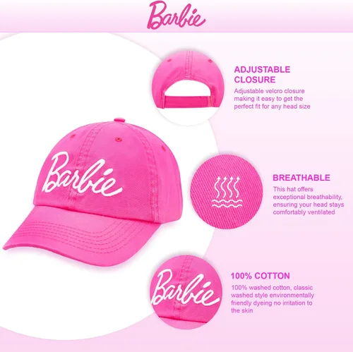 Vista 2 de Barbie Gorra de béisbol para mujer Gorra de algodón suave para mujer con ala curvada Gorra de béisbol ajustable de color rosa intenso