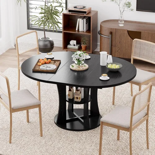 Vista 8 de Mesa de comedor redonda extensible de 43.3 a 59 pulgadas para 4 a 8, moderna mesa de comedor ovalada de cocina con estante de almacenamiento, mesa