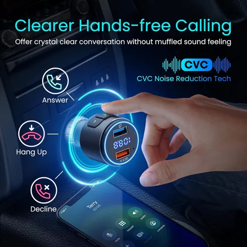 Vista 10 de Versión mejorada V5.3 - Transmisor FM Bluetooth, adaptador Bluetooth para coche QC3.0 y adaptador de radio FM inalámbrico con retroiluminación LED