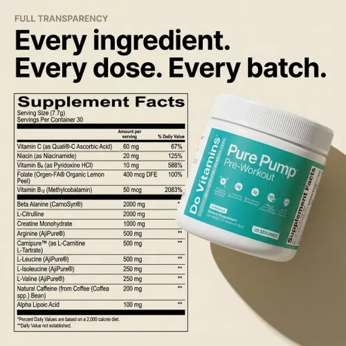 Vista 4 de Do Vitamins - PurePump - Polvo de Preentrenamiento Totalmente Natural Sin Sabor para Hombres y Mujeres - Preentrenamiento Limpio con Creatina, BCAA