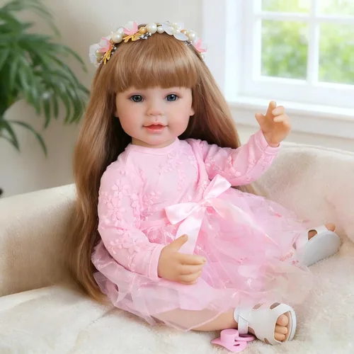 Vista 9 de iCradle Lovely Reborn Baby Dolls Girl de 22 pulgadas 21.7 in de cuerpo completo de vinilo suave realista muñecas recién nacidas de pelo largo