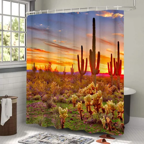 Vista 2 de LUKUY Saguaro - Cortina de ducha para el baño, diseño de paisaje del desierto de Arizona con cactus montaña al atardecer, tela de tela con ganchos