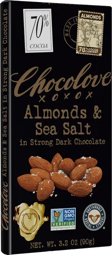 Vista 3 de Chocolove, Barra de chocolate almendras oscuras sal marina 70%, 3.2 onzas