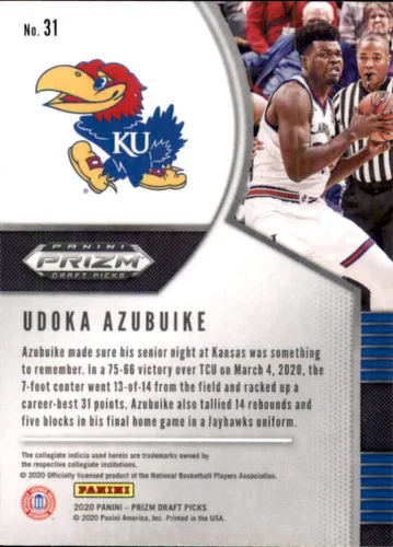 Vista 2 de 2020-21 Panini Prizm Draft Picks #31 Udoka Azubuike Kansas Jayhawks Basketball Card