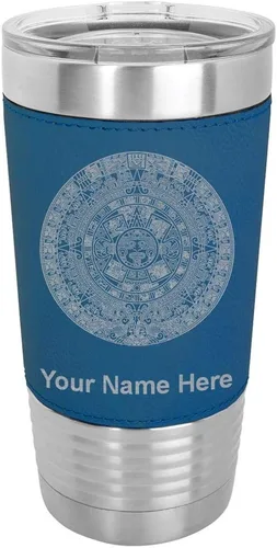 Vista 15 de LaserGram Vaso aislado al vacío de 20 onzas, calendario azteca, grabado personalizado incluido (piel sintética, estilo béisbol)