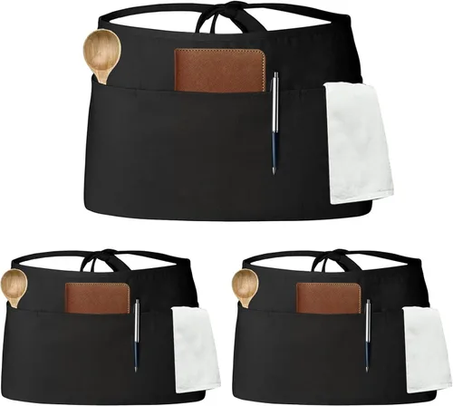 Vista 9 de Tosewever Delantales de camarera con 3 bolsillos, delantal de cintura para camarera para mujeres y hombres, restaurante, hogar, negro, medio delantal