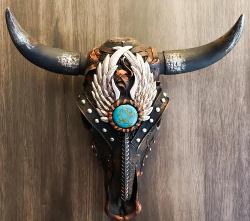Vista 7 de Ebros Gift Alas de ángel occidentales rústicas, turquesa, gema de buey con cabeza de calavera de vaca con cuernos, decoración de montaje en pared