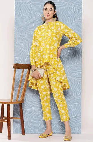 Vista 3 de Janasya Conjunto de coords con estampado floral de algodón mostaza indio para mujer