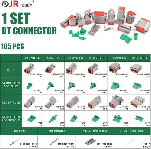 Vista 2 de Kit de conectores Deutsch JRready IP68 impermeable - 1 juego de conectores DT de 2, 3, 4, 6, 8 y 12 pines con contactos sólidos de tamaño 16