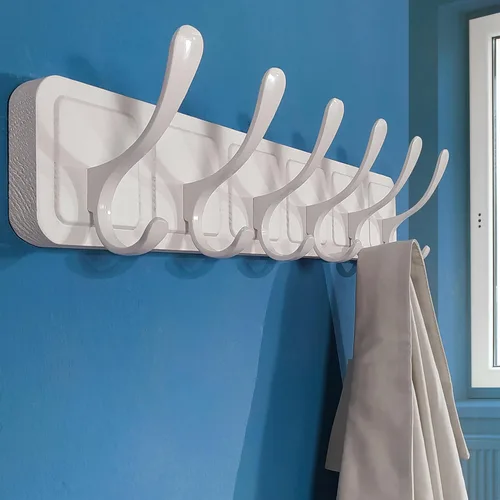 Vista 4 de SKOLOO Perchero de pared estilo escandinavo con 6 ganchos tallados en bloque de madera, colgador de pared para abrigos, sombreros, ropa, bufandas