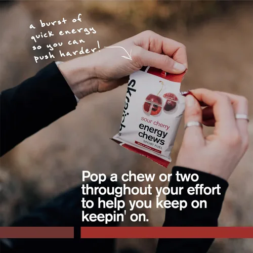 Vista 10 de Skratch Labs Energy Chews Gomitas de cafeína para correr, ciclismo y rendimiento deportivo, alternativa al gel, cereza agria (paquete de 10), sin