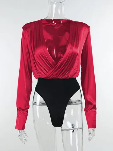 Vista 3 de Hilinker Body sexy de satén de seda con cuello en V profundo para mujer