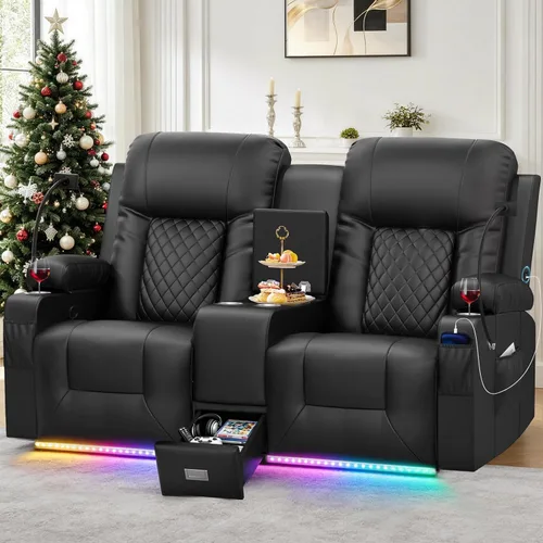 Vista 12 de YONISEE Juego de muebles de sala de estar, sofá biplaza reclinable de 2 plazas y silla reclinable giratoria de 360° con masaje, sofá reclinable