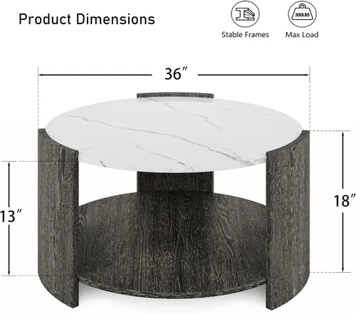 Vista 3 de Mesa de centro redonda, mesas de centro redondas rústicas modernas con estante de almacenamiento de 2 niveles, mesa de cóctel para sala de estar