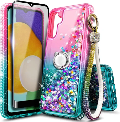 Vista 22 de Funda compatible con Samsung Galaxy S24-FE Aqua/Purple Funda líquida flotante con purpurina linda con protector de pantalla de vidrio templado