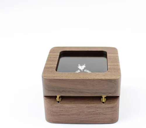 Vista 5 de Caja de anillos de madera cuadrada rústica con tapa transparente, para parejas, caja de compromiso, boda, dos ranuras, terciopelo negro