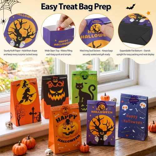 Vista 4 de Shintop 30 bolsas de regalo de Halloween con calcomanías, bolsas de papel