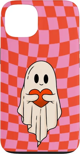 Vista 7 de Funda para iPhone 17 de San Valentín Retro Ghost Hugging Heart Checkerboard Rosa Rojo