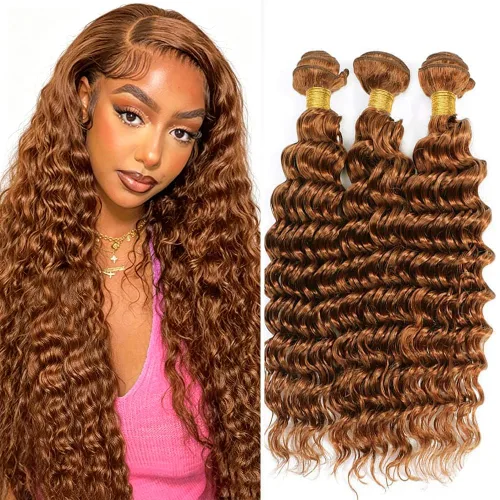 Vista 149 de P4613 Cabello humano rizado onda profunda marrón y paquetes mixtos 8 10 12 P4613 Ombre Marrón-Rubio-DP