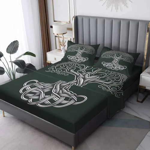 Vista 10 de Juego de sábanas de tamaño individual con diseño de árbol de la vida, sábanas de microfibra suave y bolsillo profundo, sábanas y fundas de almohada