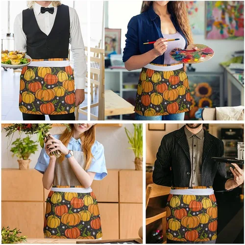 Vista 5 de HappyThanksgiving - Delantal de cintura con patrón de calabaza y otoño, con 3 bolsillos, medio corto, para camarero, restaurante, cocina, babero