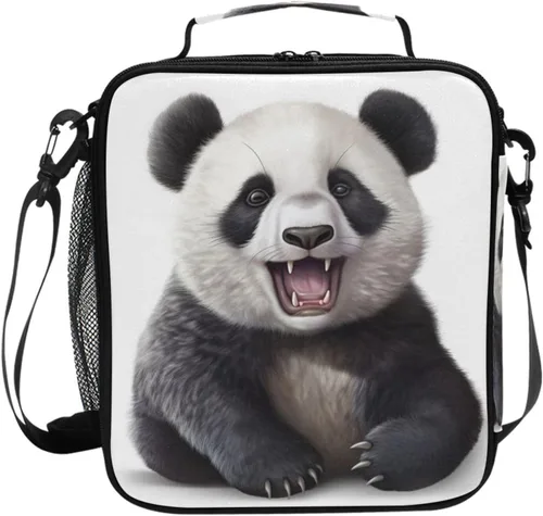 Vista 75 de Lonchera con patrón de cuadros blancos y negros, bolsa de almuerzo aislada, bolsa de preparación para niños, correa de hombro congelable a001