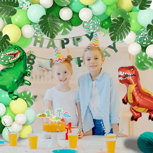 Vista 5 de Suministros de decoración de fiesta de cumpleaños de dinosaurios, kit de guirnalda de arco de globos de dinosaurio de 40 pulgadas, globos