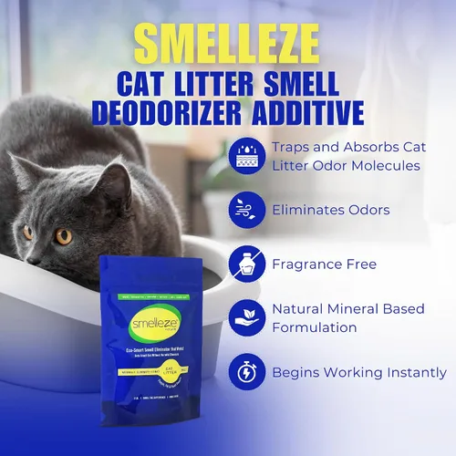 Vista 3 de SMELLEZE Aditivo desodorante eliminador de olores de arena natural para gatos: 2 lb. Elimina fuerte olor a orina y hedor de excrementos. Cambia