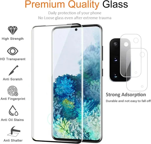 Vista 2 de Samsung Galaxy S20 Protector de pantalla de vidrio templado con protector de lente de cámara [cubierta curva 3D] [compatible con huellas dactilares]