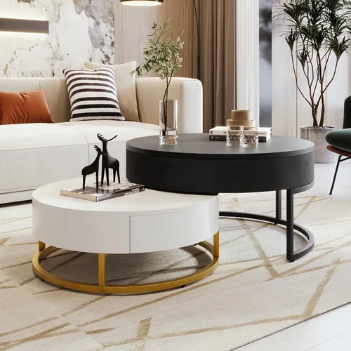 Vista 21 de Mesa de café redonda, mesa de café moderna de 31.5" con 2 cajones grandes de almacenamiento, tapa de mesa con patrón de mármol, mesa central