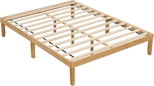 Vista 14 de KOMFOTT Base de cama de madera tamaño twin con cabecero, base de cama de plataforma de madera de acacia sólida, base de cama soportada por listones