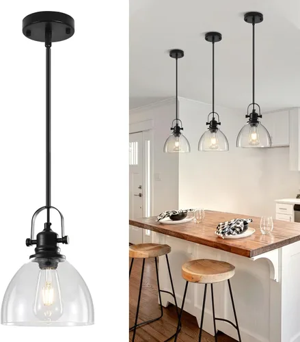 Vista 16 de Luces Colgantes de Vidrio para Isla de Cocina, 7.5 pulgadas Luces Colgantes de Vidrio Dorado 1-Paquete, Lámpara Colgante Moderna con Pantalla