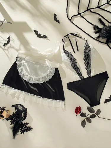 Vista 5 de WDIRARA Conjunto de 2 piezas de disfraz de sirvienta para mujer, encaje floral, cuello en V, malla transparente, color negro, blanco, S