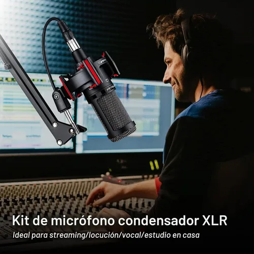 Vista 2 de Micrófono de condensador XLR, micrófono profesional de grabación de estudio para computadora PC, kit de micrófono cardioide para podcast con brazo