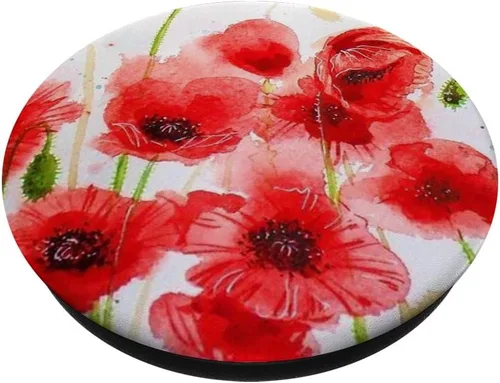 Vista 2 de PopSockets - Agarre y soporte para teléfonos y tabletas, diseño de amapola, color rojo y blanco, Negro