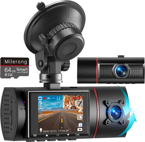 Vista 11 de Dash Cam frontal y trasera interior de 3 canales, cámara de tablero 1080P con tarjeta de 64 GB