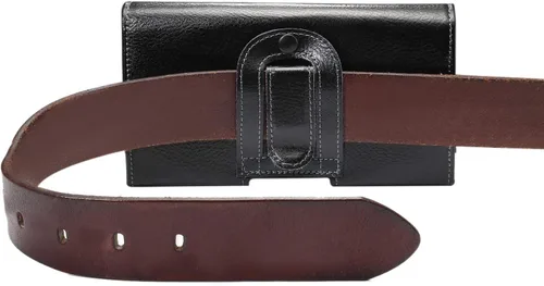Vista 3 de Funda horizontal de cuero genuino para teléfono celular Samsung S10e, S9, S8, S7, S6 Edge, A40, A41, A5, J2 Core (2020), trabilla para cinturón